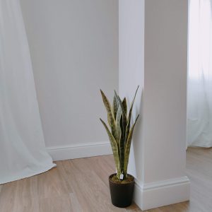 Maceta de Sansevieria artificial de aspecto natural junto a la columna de un dormitorio